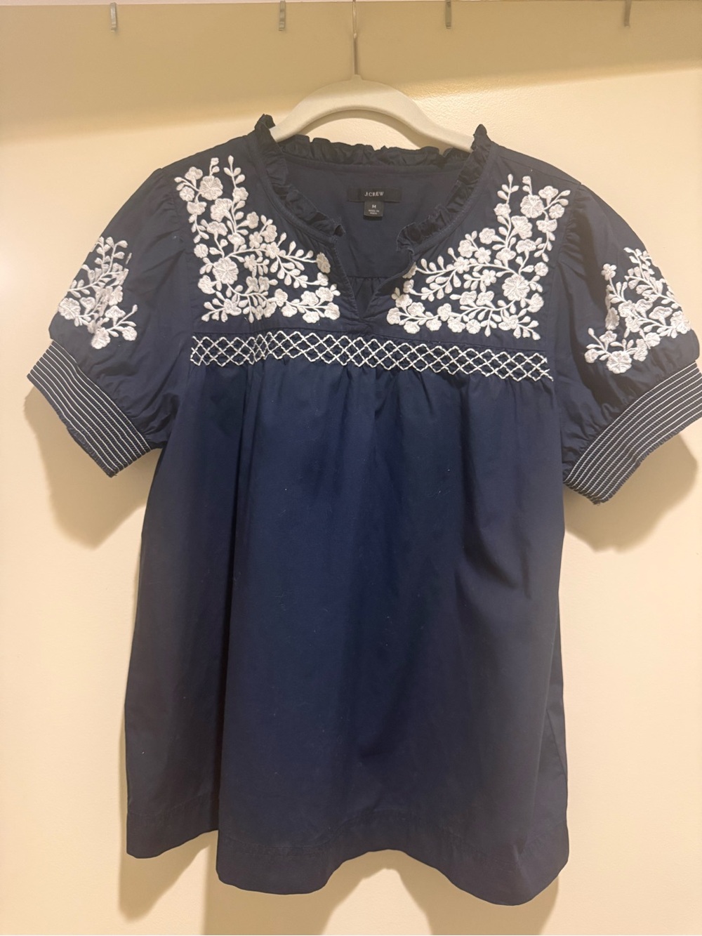 J. Crew Navy Blouse with White Floral Embroidery